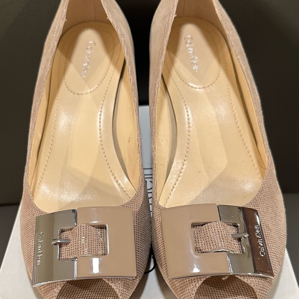 Calvin Klein Tan Peep Toe Heels with Silver Buckle